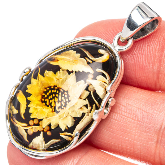 Amber Intaglio Sunflower Pendant 1 5/8" (925 Sterling Silver) P42563