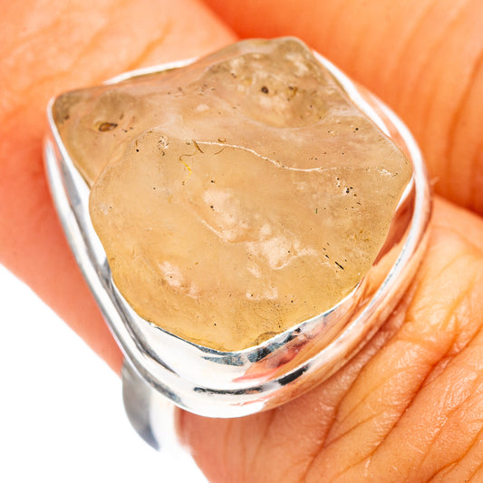 Sterling silver ring with amber Libyan Desert Glass cabochon, bezel-set
