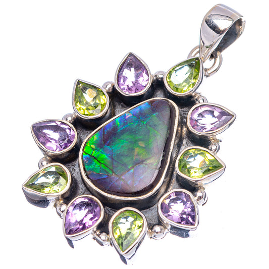 Sterling silver ammolite pendant with purple and green teardrop stones around cabochon