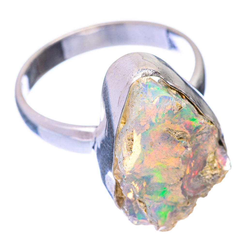 Rough opal ring, iridescent green-gold stone set on 925 sterling silver band