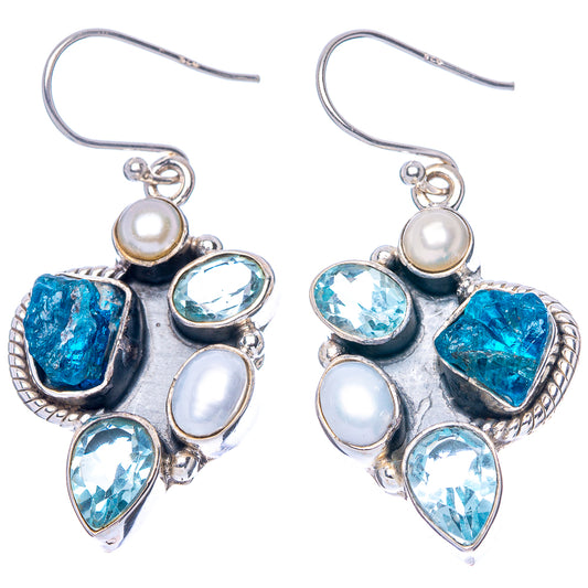 Premium Blue Fluorite, Blue Topaz, Cultured Pearl Earrings 1 5/8" (925 Sterling Silver) E1599