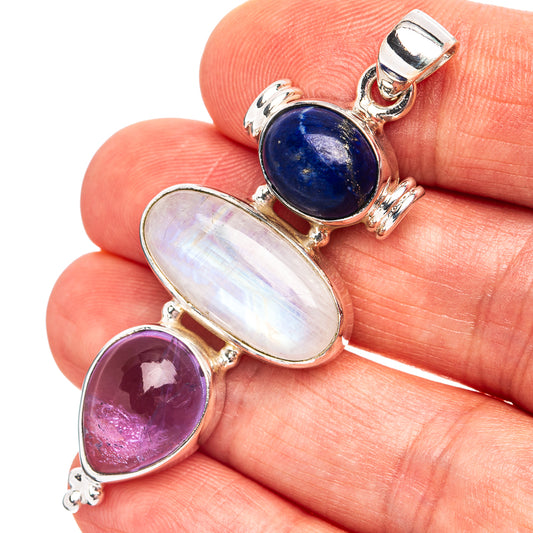 Sterling silver gemstone pendant with blue lapis, iridescent moonstone, and pink amethyst