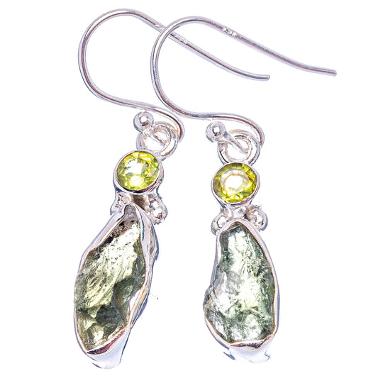 Sterling silver moldavite earrings with round green stones and polished greenish drops