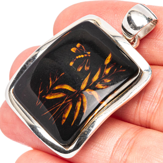 Amber Intaglio Dragonfly Pendant 1 3/4" (925 Sterling Silver) P42585