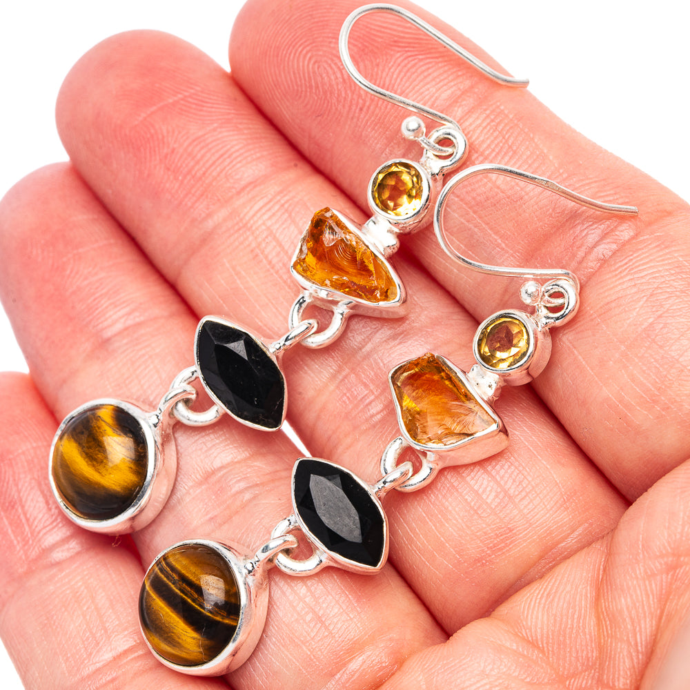 Sterling silver drop earrings with tiger eye, citrine yellow, and black onyx accents