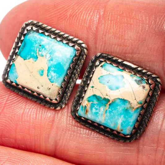 Turquoise jasper earrings close-up, square stone with textured silver rope border