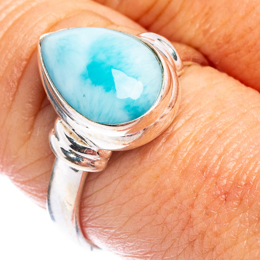 Sterling silver larimar ring with oval turquoise stone and carved rope bezel