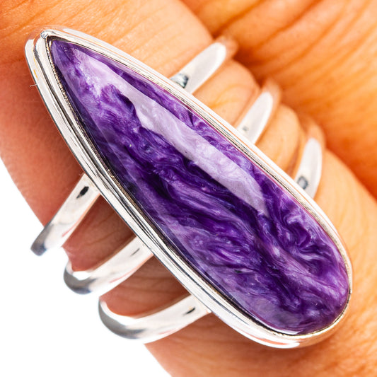 Charoite oval ring in .925 sterling silver with purple gemstone cabochon bezel