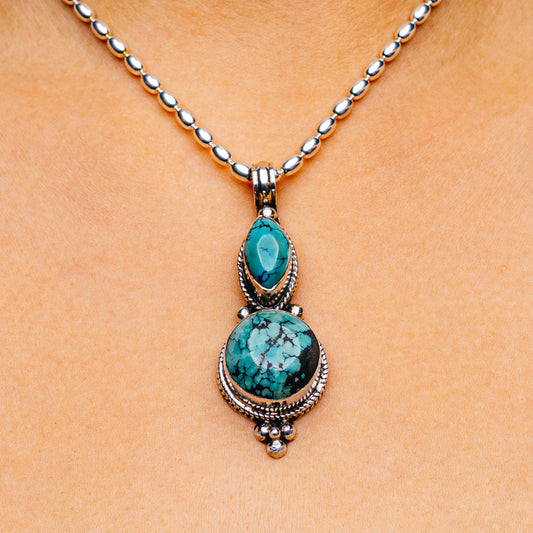 Tibetan Made Vintage Turquoise Pendant 2 3/8" (.925 Sterling Silver)