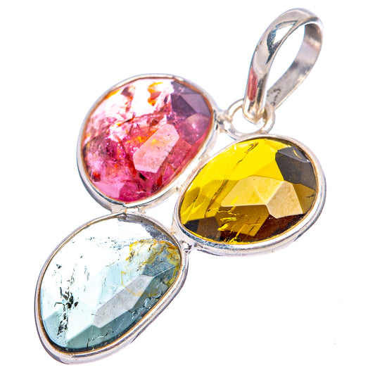 Triple oval faceted gemstone pendant in .925 sterling silver, pink, yellow, light blue-gray