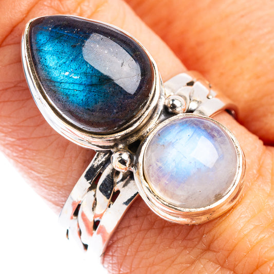 Sterling silver ring with oval rainbow moonstone and teardrop blue labradorite, size 9.5