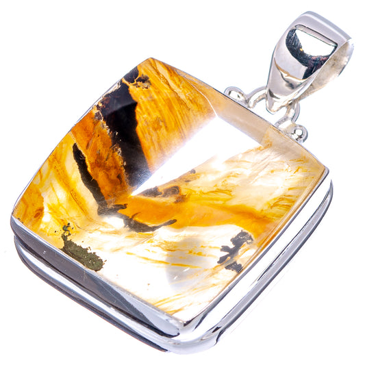 Square agate pendant with yellow and black dendrites, .925 sterling silver frame.