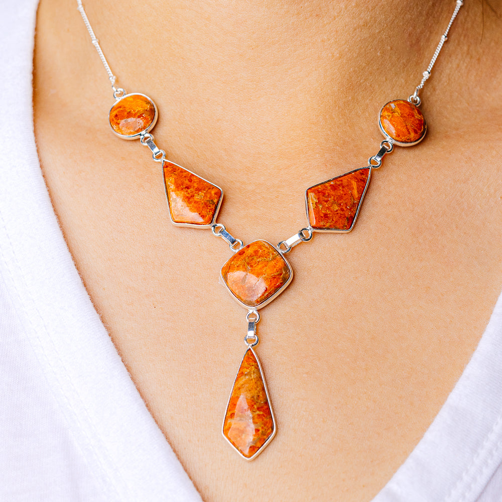 925 sterling silver sponge coral necklace with orange faceted teardrop and oval links