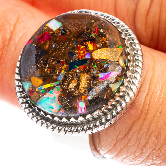 Sterling silver opal matrix ring with colorful mosaic gemstone in dark setting