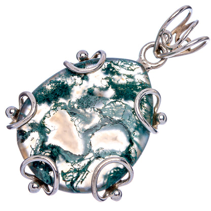 Green moss agate pendant with polished 925 sterling silver loops and bezel, blue-green marbled stone.