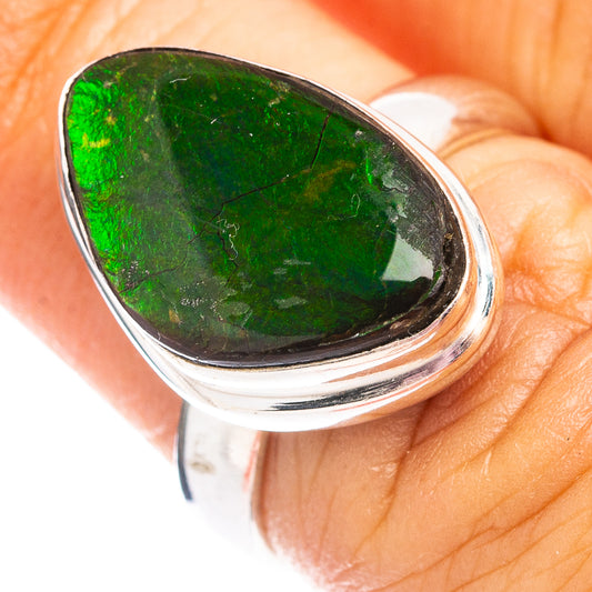 Teardrop ammolite cabochon sterling silver ring, vivid green with dark pattern