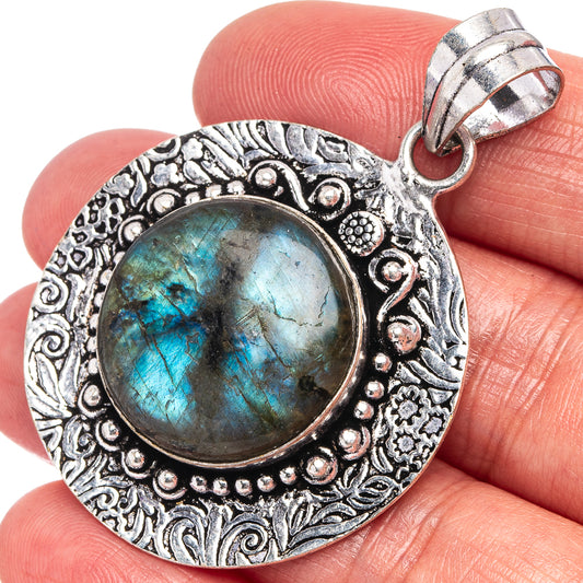 German silver labradorite pendant, round blue-green cabochon, ornate bezel