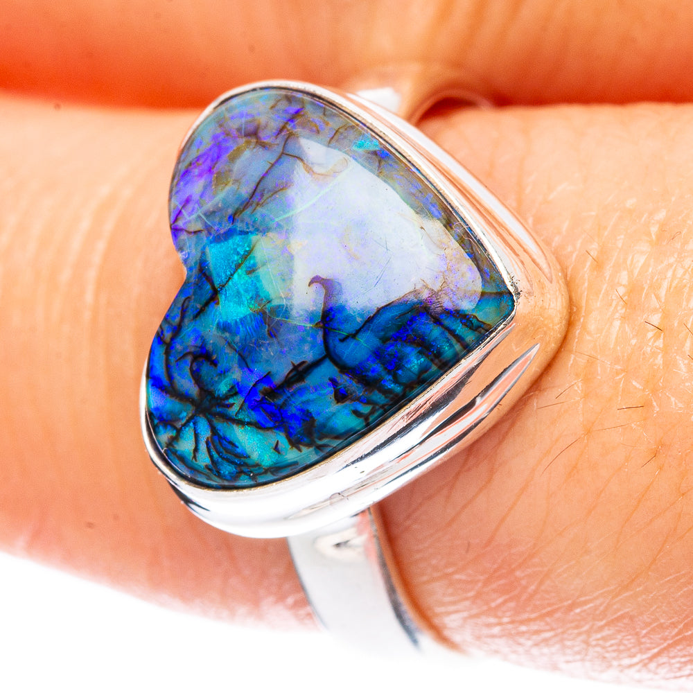 Sterling silver heart opal ring with blue and purple cabochon center