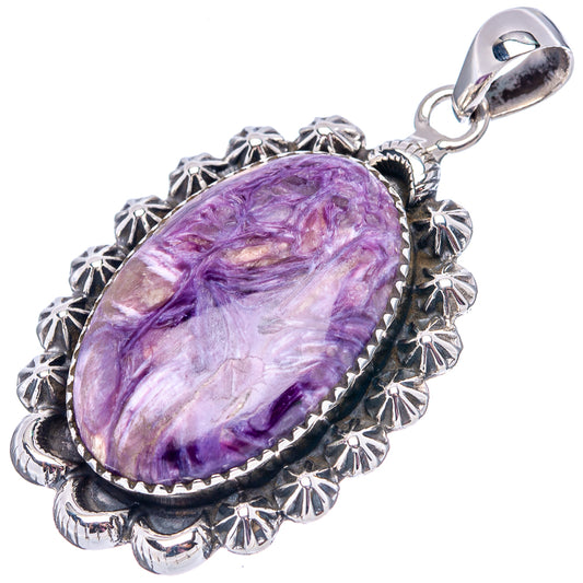 Charoite oval pendant in .925 sterling silver with scalloped bezel, detailed border, and bail