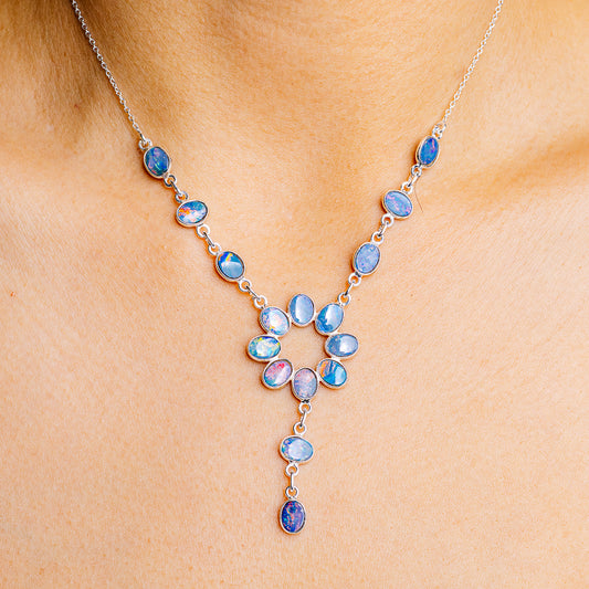 Sterling silver opal drop necklace with multiple blue opal gemstones