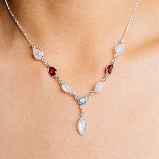 925 sterling silver necklace with moonstone ovals, blue topaz and red garnet drops