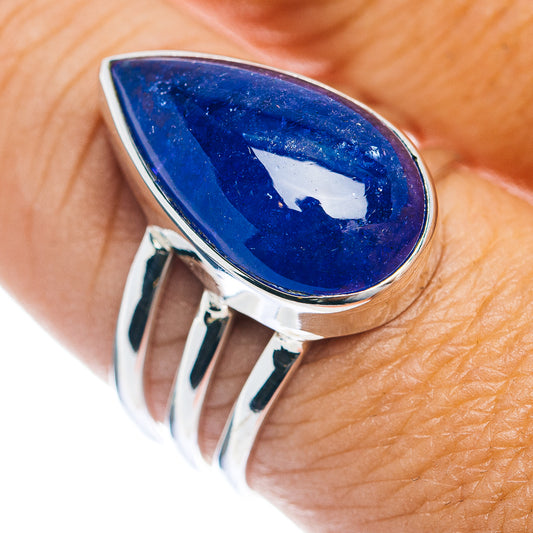 Sterling silver tanzanite teardrop ring with blue gemstone, size 9.75