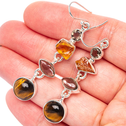 Premium Tiger Eye, Citrine, Smoky Quartz Earrings 2 1/4" (925 Sterling Silver) E1249