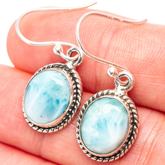Sterling silver Larimar oval drop earrings with rope bezel and fishhook backs