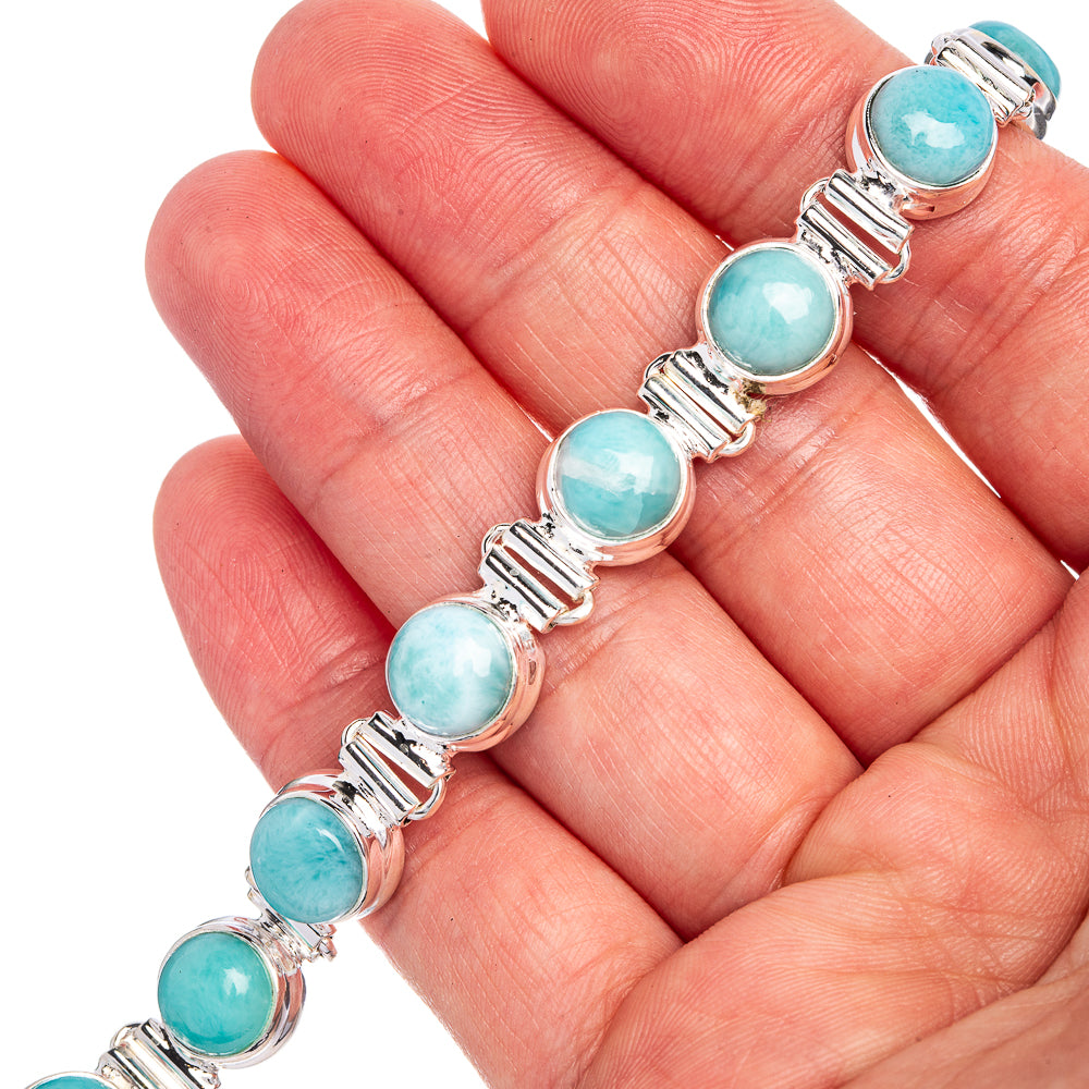 Larimar gemstone bracelet with oval turquoise stones and silver link chain, adjustable rings