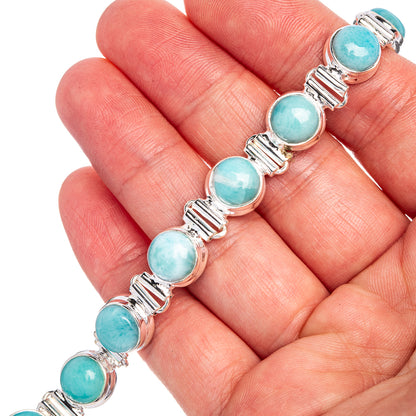 Larimar gemstone bracelet with oval turquoise stones and silver link chain, adjustable rings