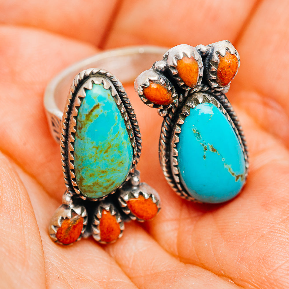 Exclusive Southwestern Style Kingman Turquoise, Sponge Coral Ring Size 7 Adjustable (.925 Sterling Silver)