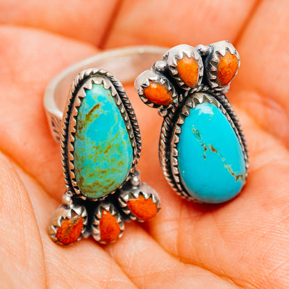 Exclusive Southwestern Style Kingman Turquoise, Sponge Coral Ring Size 7 Adjustable (.925 Sterling Silver)
