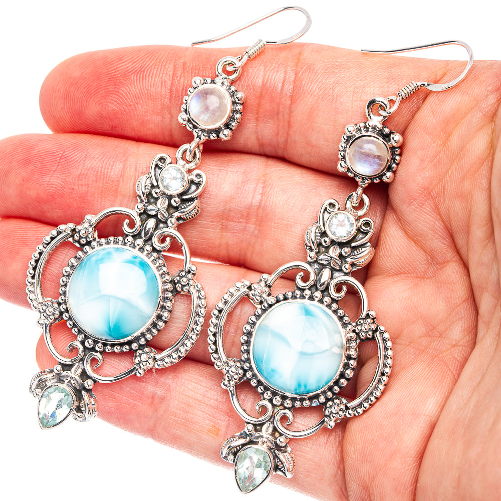 Signature Larimar, Rainbow Moonstone, Aquamarine Earrings 3 1/8" (.925 Sterling Silver)