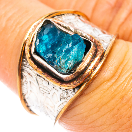 Sterling silver ring with square bezel and raw-cut blue apatite on textured band