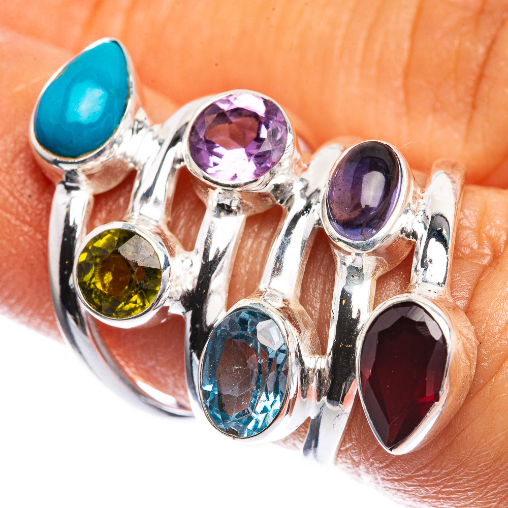 Tibetan Turquoise, Blue Topaz, Peridot, Amethyst, Tanzanite, Garnet Ring Size 6.25 (925 Sterling Silver) R142394