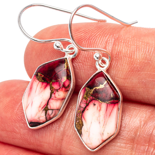 Sterling silver teardrop dangle earrings with red, white marbled gemstone and gold flecks