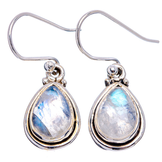 Sterling silver teardrop moonstone earrings, iridescent blue-white stone, hook back