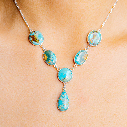 Imperial jasper pendant necklace, blue oval stones and teardrop drops on silver chain