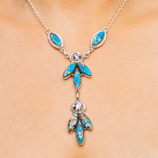Turquoise blue and silver stone pendant necklace with leaf teardrop charms