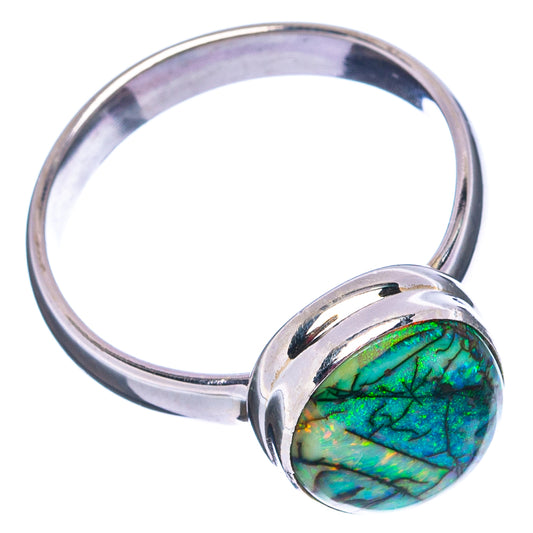 Sterling silver opal ring with domed round green-blue gemstone on curved band