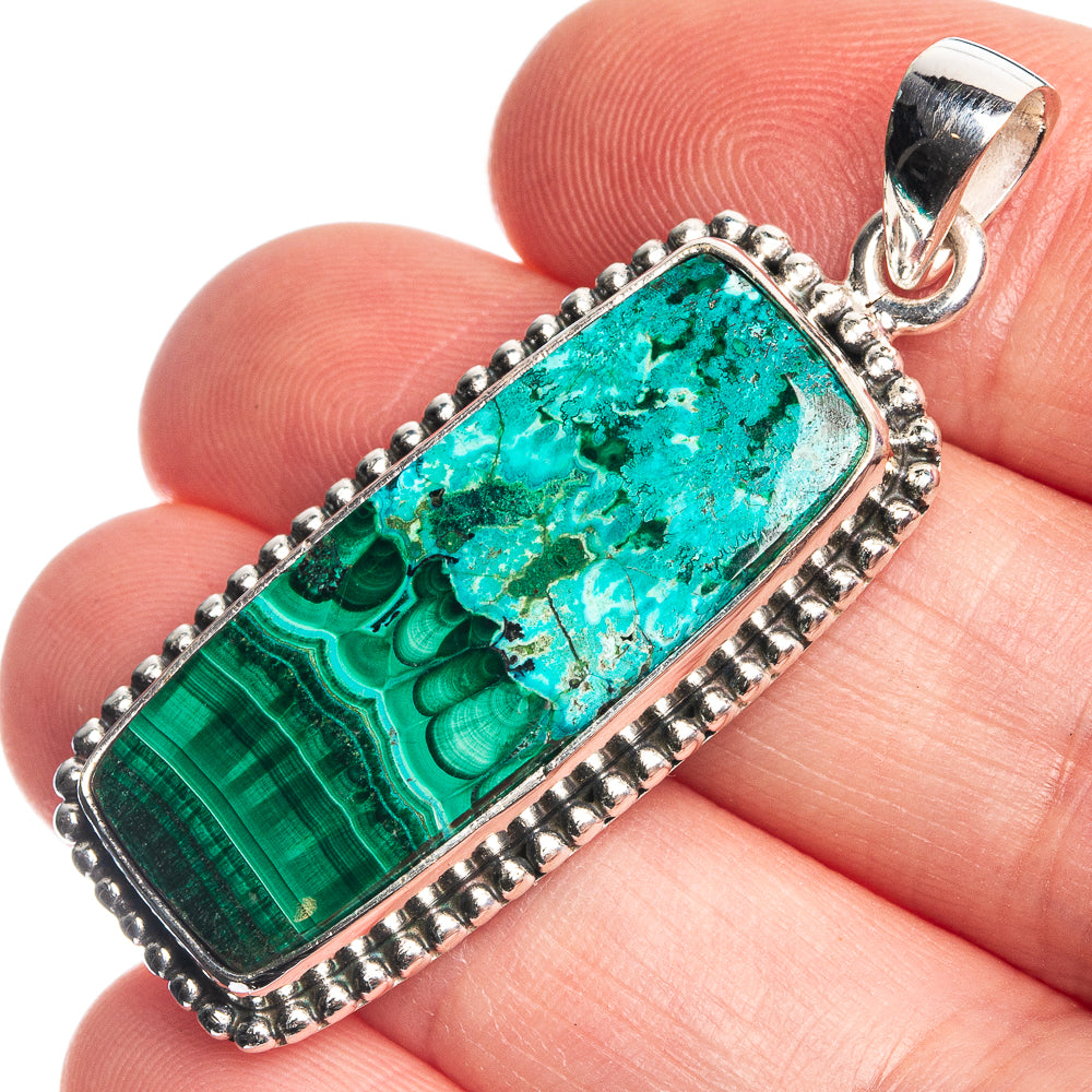 925 sterling silver bezel pendant with green-blue malachite/chrysocolla inlay, scalloped edge