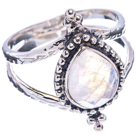 Sterling silver rainbow moonstone ring, oval bezel with intricate side details