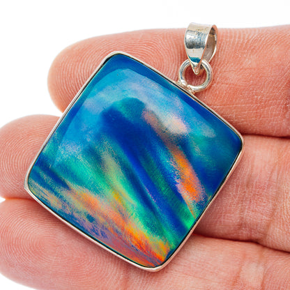 Square opal pendant in .925 sterling silver bezel, iridescent blue-green-orange finish