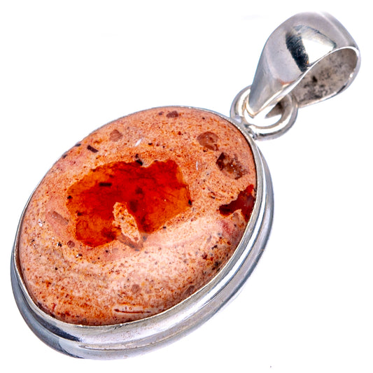 Oval fire opal pendant in polished sterling silver bezel, orange-red center