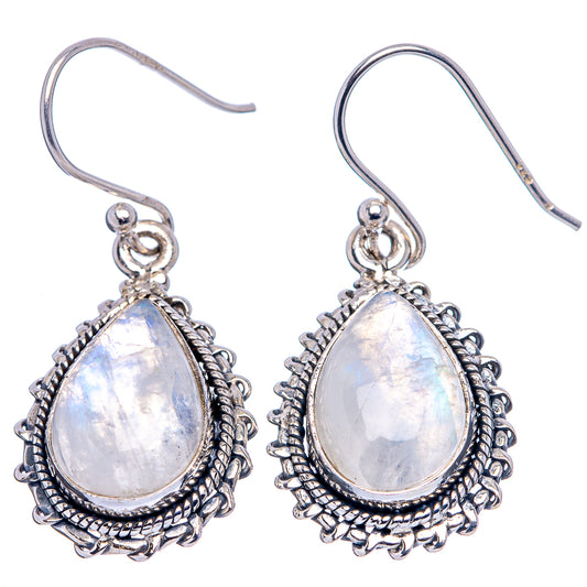 Rainbow moonstone teardrop earrings with ornate border, dangle hooks