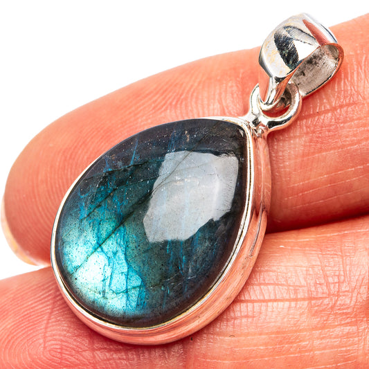 925 sterling silver labradorite teardrop pendant with blue-teal iridescent flash