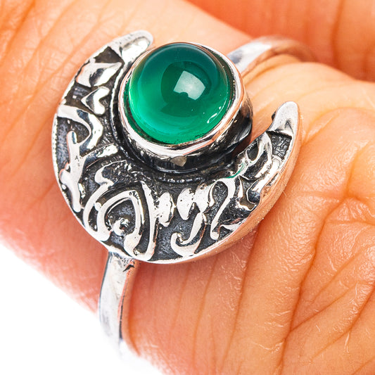 Green onyx dainty ring with round green gemstone in .925 sterling silver band