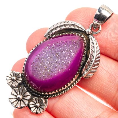 Oval pink druzy agate pendant in 925 sterling silver with floral side accents