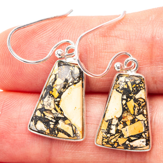 Triangular mookaite earrings with silver fishhook and gold, black, and cream stone