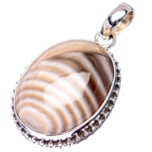 Oval striped flint pendant, .925 sterling silver bezel with beaded border and loop bail